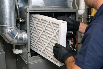 Engineer replacing a filter as part of the Oldham kitchen canopy replacement